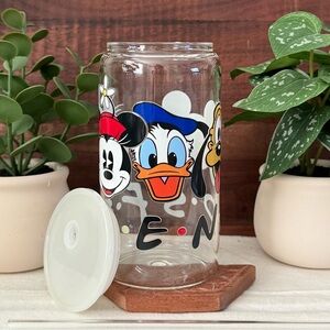 Disney Friends Glass Cup with White Lid & Straw